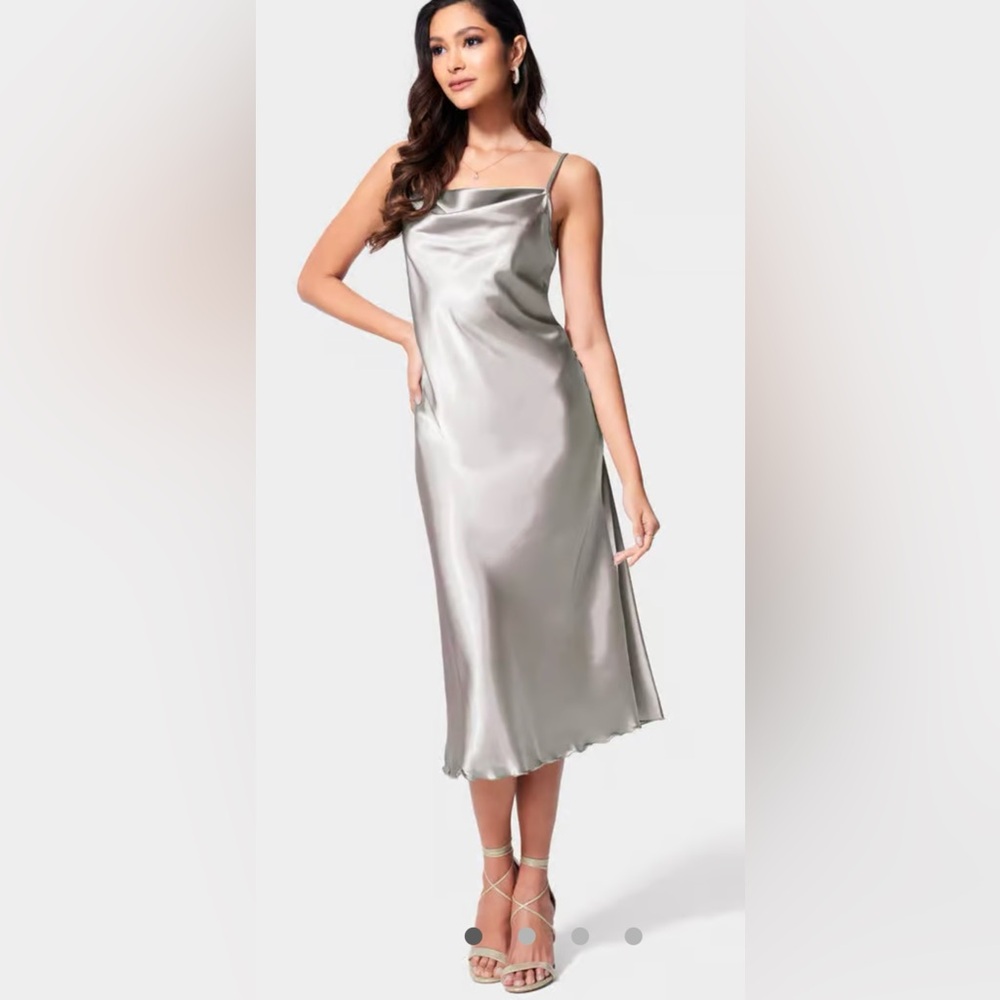 Bebe Cowl Neckline Silver Slip  Silky Modi Dress sz Large